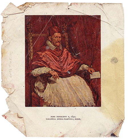Sheet from unidentified book with color plate of Velazquez's Portrait of Pope Innocent X, (1650). Artwork: © 2021 Estate of Francis Bacon/Artists Rights Society (ARS), New York/DACS, London